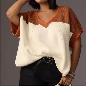 Anthropology Maeve Oversized V-Neck Sweater Tee New No Tags Cream Brown Medium